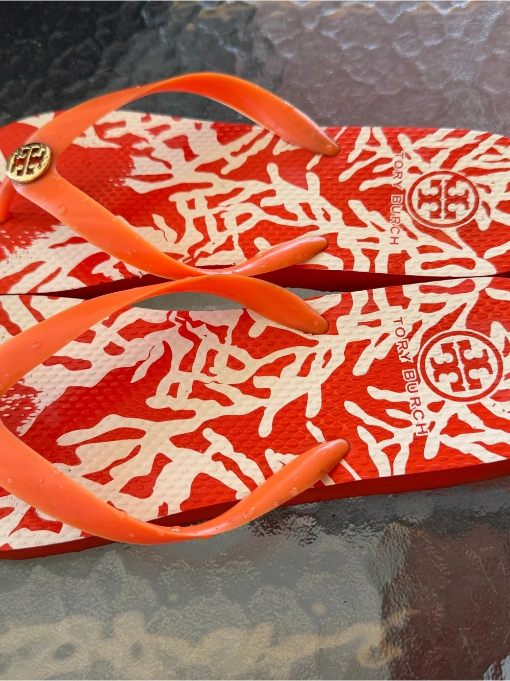 Tory Burch Orange Coral-Print Logo Flip Flops